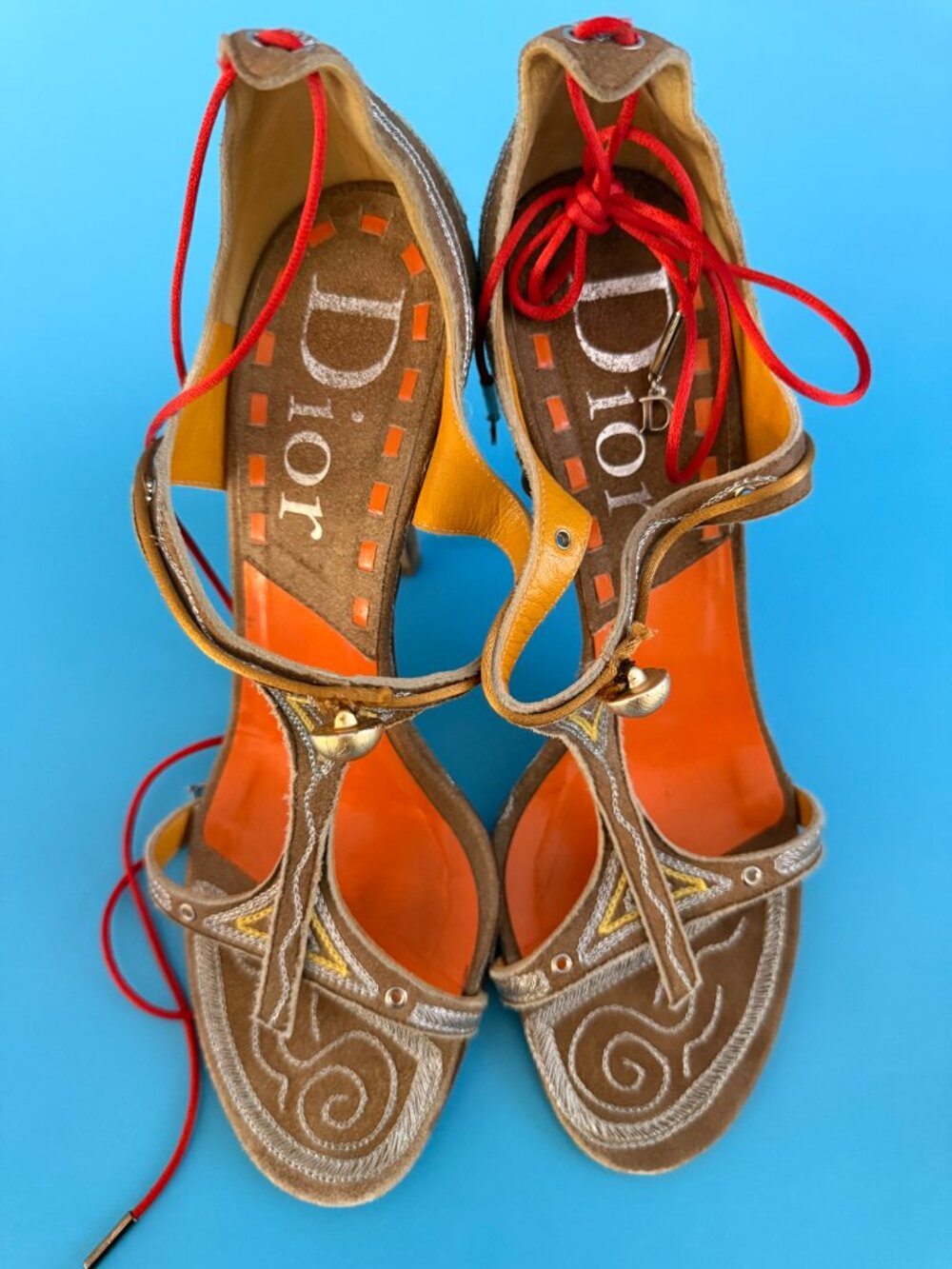 Christian Dior Galliano Embroidered Suede Ankle Tie Heels Orange Footbed 38 Full - Picture 2 of 9